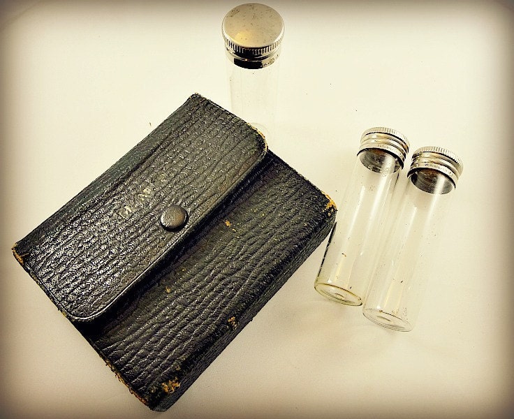 Antique Apothecary Glass Bottle Set, German Doctor's Case, Black Leather Travel Bag
