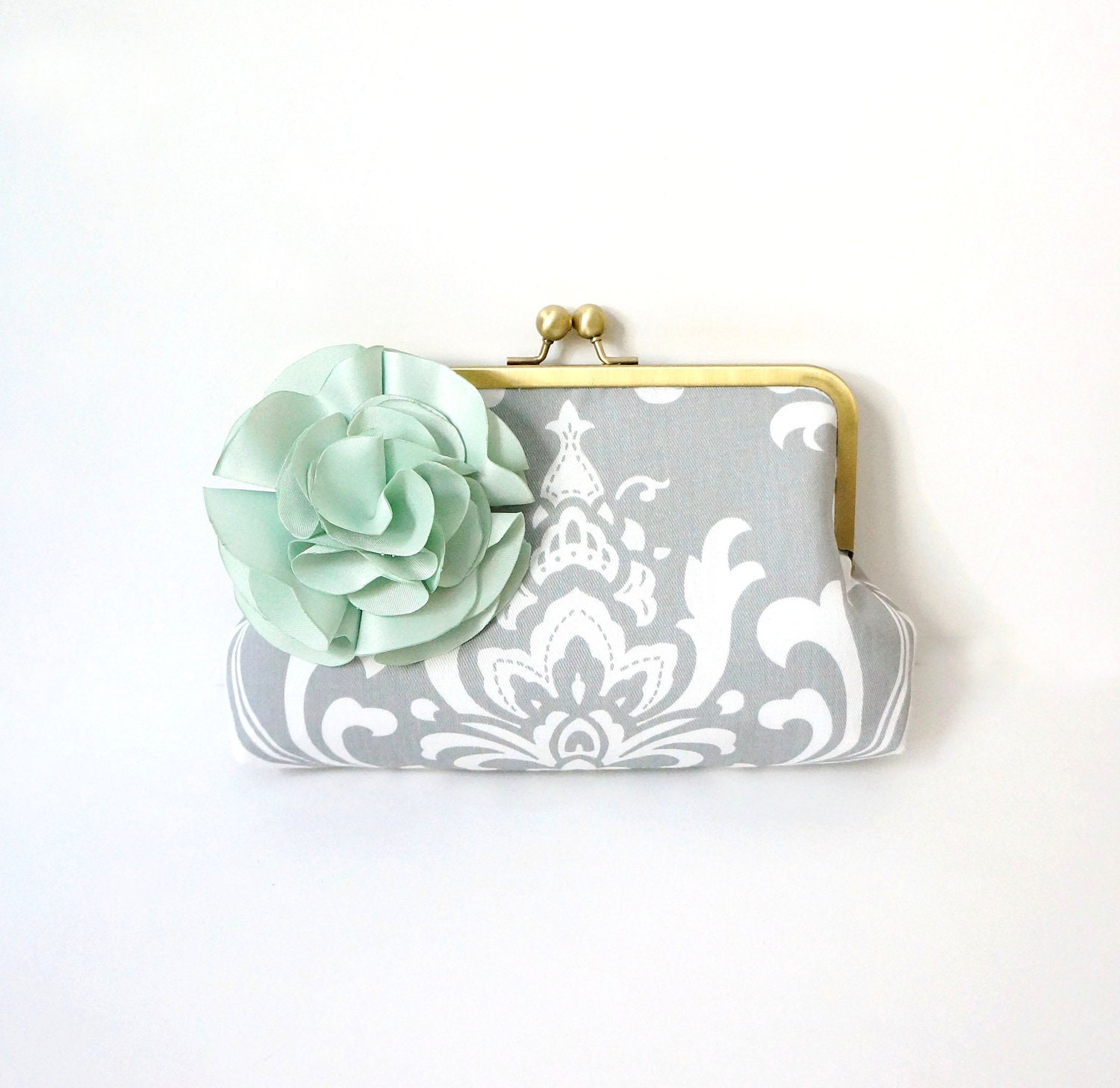 Gray Damask Clutch Purse with Mint Green Flower Adornment