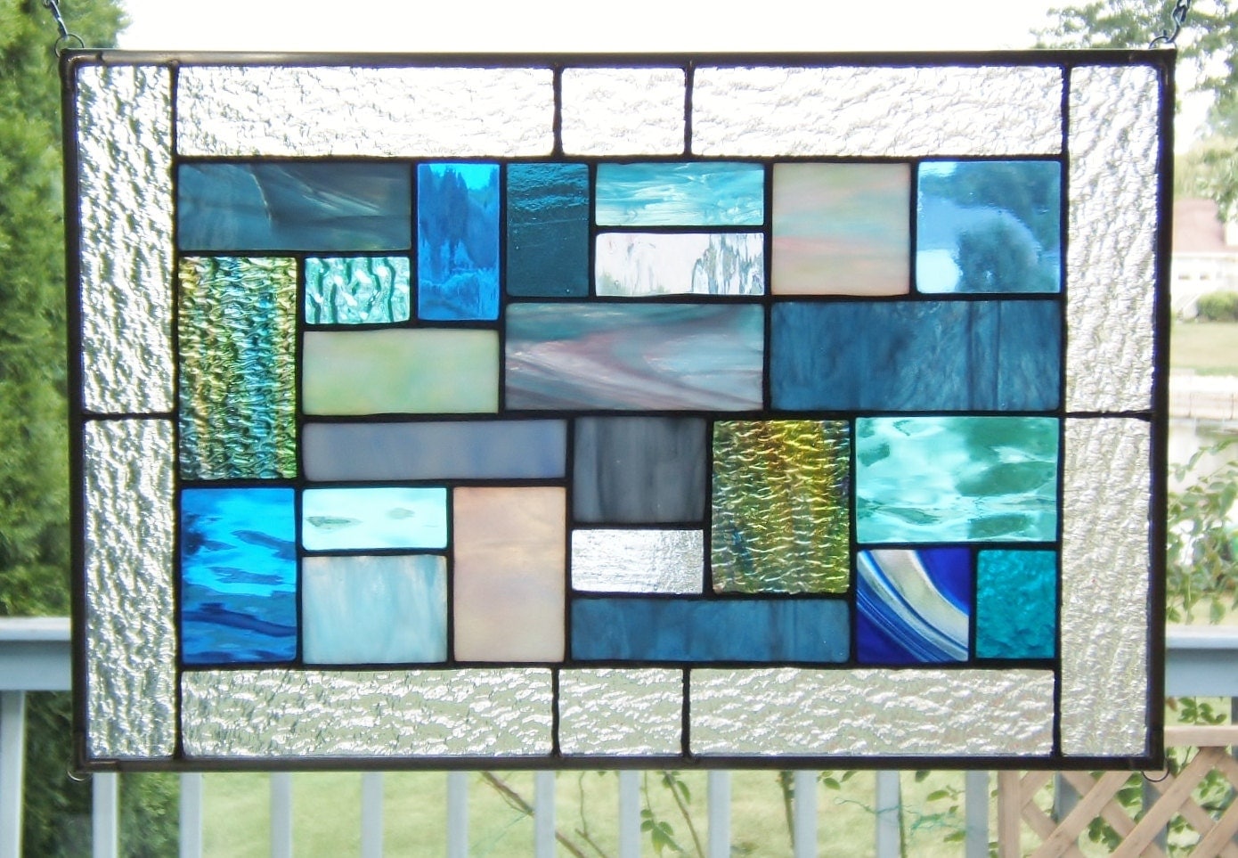 Blues Stained Glass Panel Window Hanging Geometric By Sghovel
