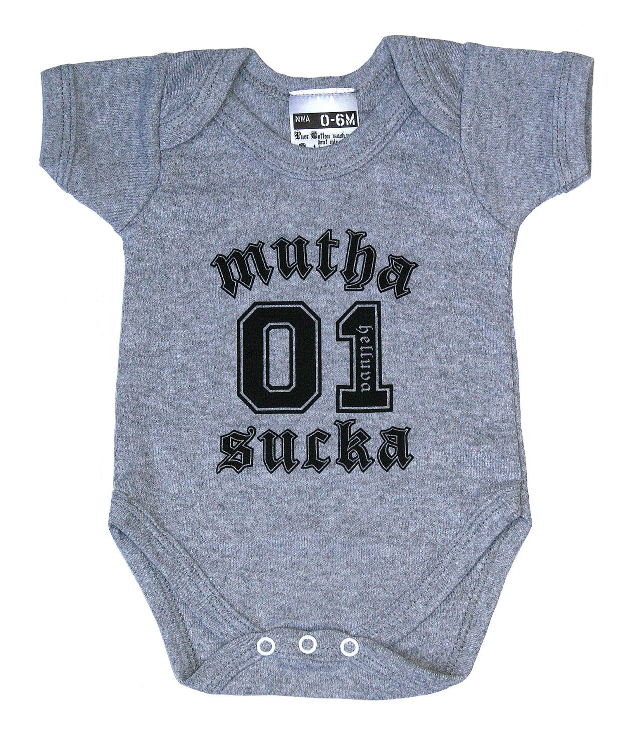 Muthasucka Grey-Marl Babygrow (Rock baby onesie)  0-6 OR 6-12 months