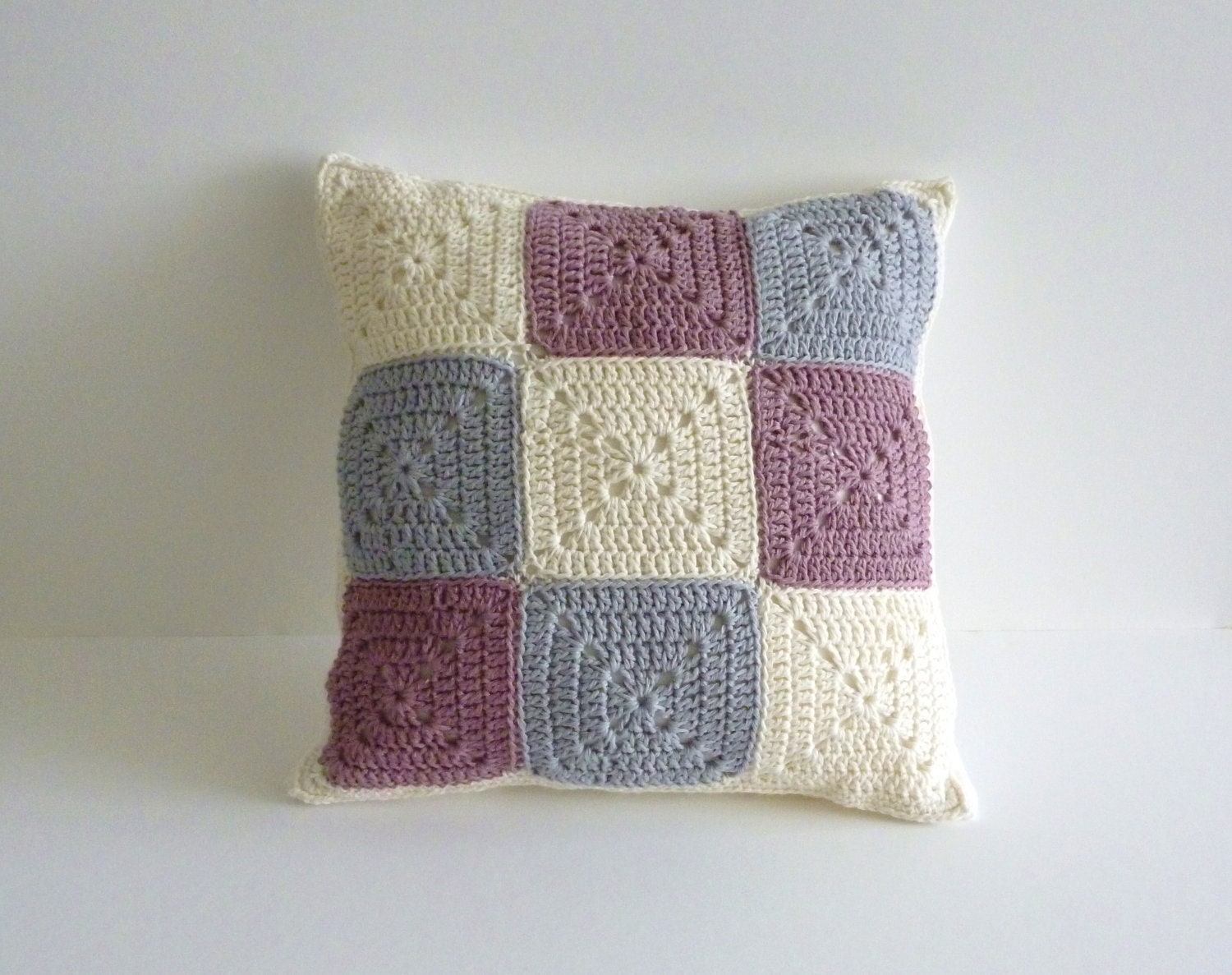 Square crochet cushion - patchwork of chalk white grey purple pink  -  recycled cotton  - chalk white cotton backing