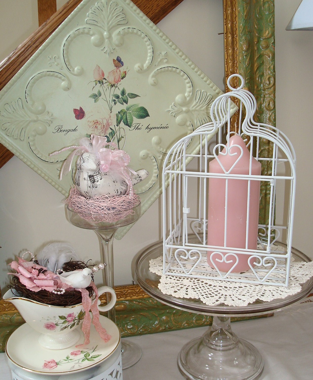 Metal Birdcage-White Home Decor Birdcage-Wedding-Candle Holder-Flower Arrangement-Shabby-Cottage-Romantic.