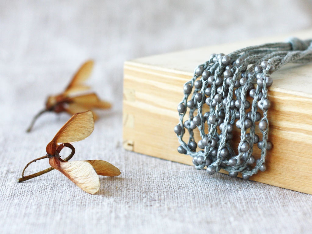 Grey necklace gray Rustic Neutral Natural linen necklace with glass beads Linen jewelry Gift for her under 25 Multi strand ohtteam