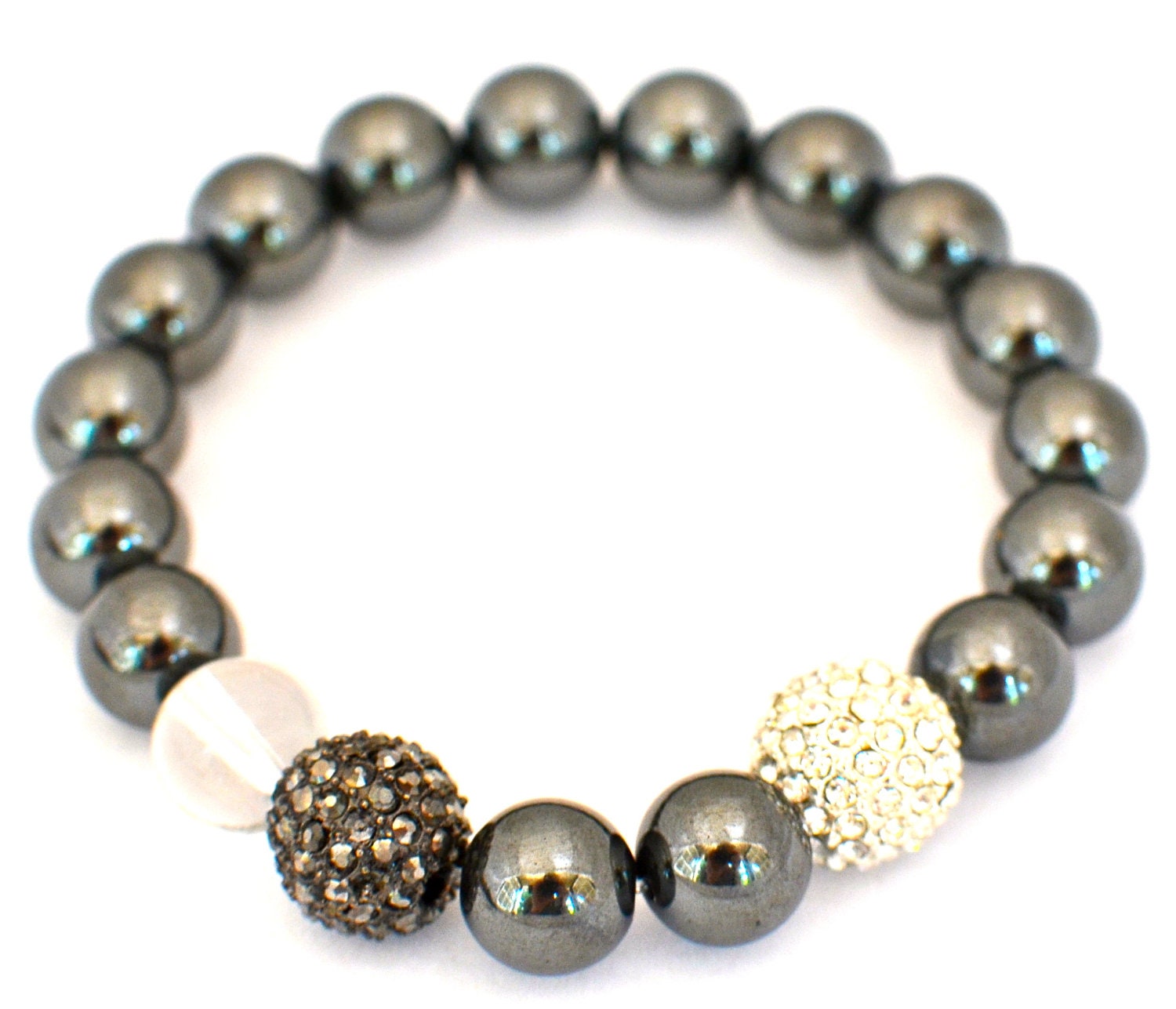 Silver Hematite and Clear Quartz Semi Precious Gemstone Beaded Bracelet with Gunmetal and Silver Pave Rhinestones