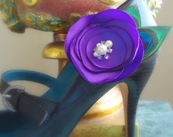 Purple Shoe Clips. Peacock petals shoe clips with Swarovski pearls and crystals .Wedding, Brides, Bridesmaids -VANESSA Collection-