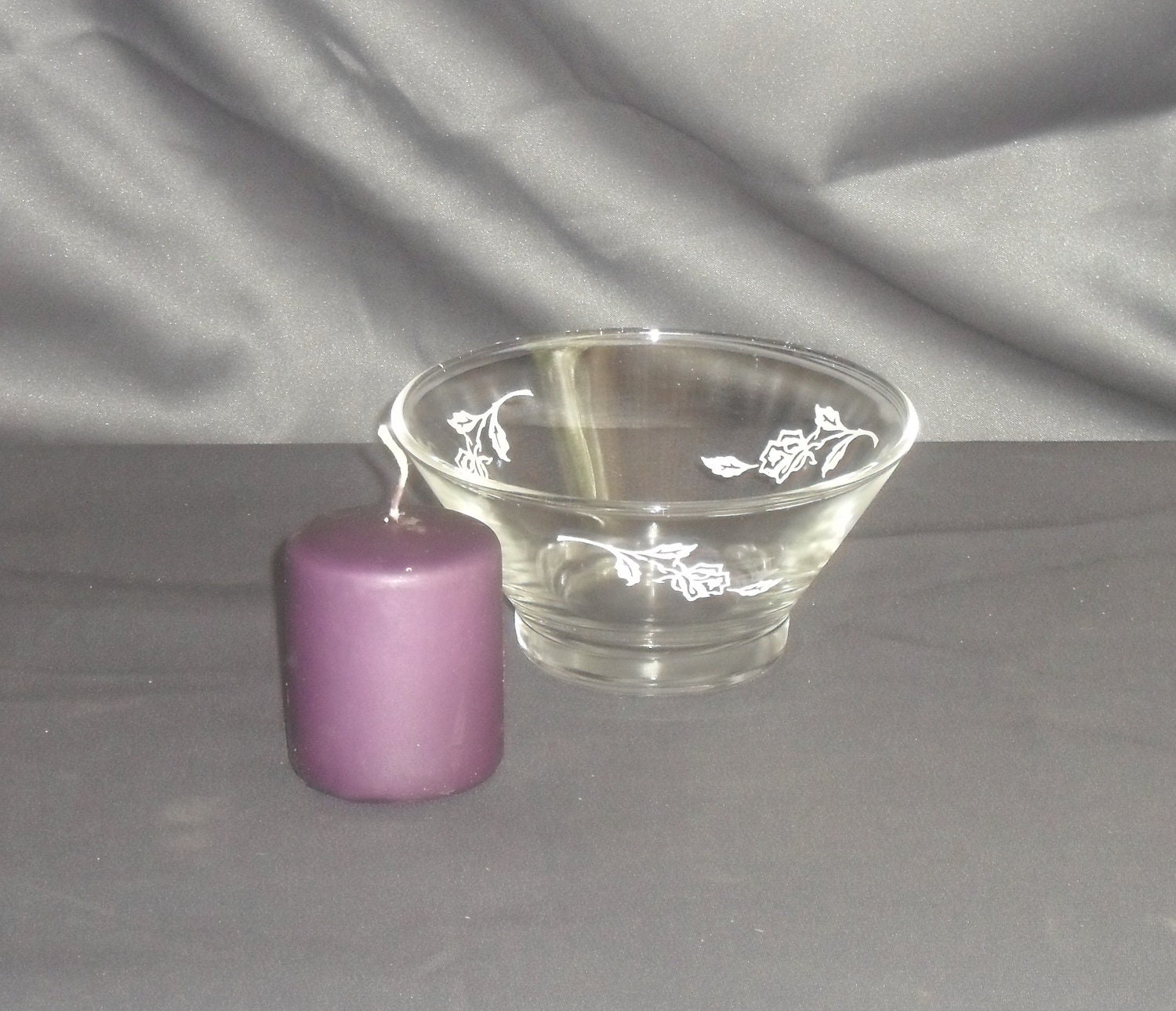 Decorative Glass Rose Print Dish with a Plum Scented Candle ,  OOAK gift idea.