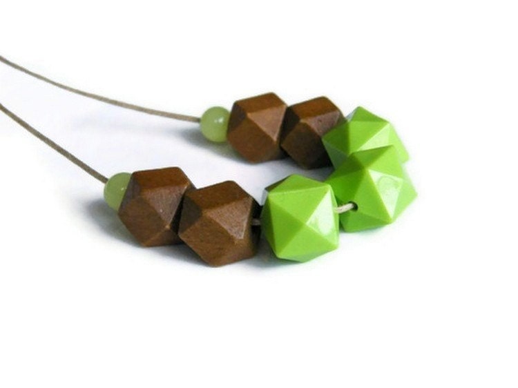 Geometric Necklace Wooden Resin Necklace Brown Lime Green Faceted Beads - JoannaBizu