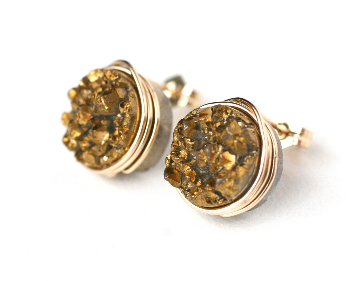 Gold Rush Druzy Quartz Stud Earrings Wire Wrapped Post 14k Gold Filled - Gift for Her, Under 25 dollars