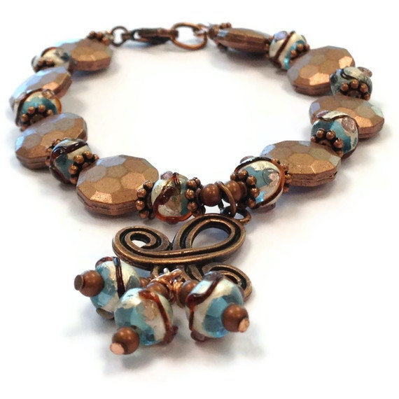 Copper Bracelet Blue Bracelet Trefoil Charm Lampwork Glass Bead B-87-L