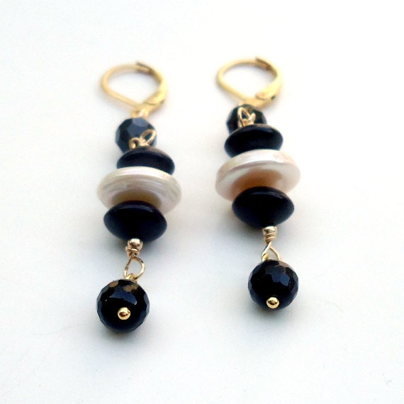 Pearl Earrings Black Onyx Jewelry Pearl Gold Jewellery Gemstone Freshwater Pearls Wire Wrapped White Yellow Gold Filled Earrings ER-189