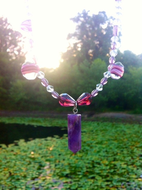 Amethyst Point Necklace, Amethyst Necklace with lamp work glass beads, gemstone necklace