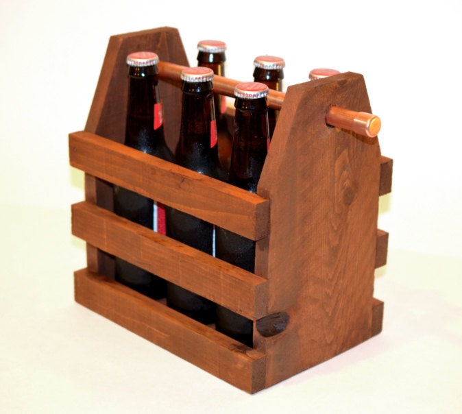 Picnic Beer Caddy Six Pack Homebrew Carrier Reclaimed Wood Copper Handle Groomsmen Men Dad Guys Gifts