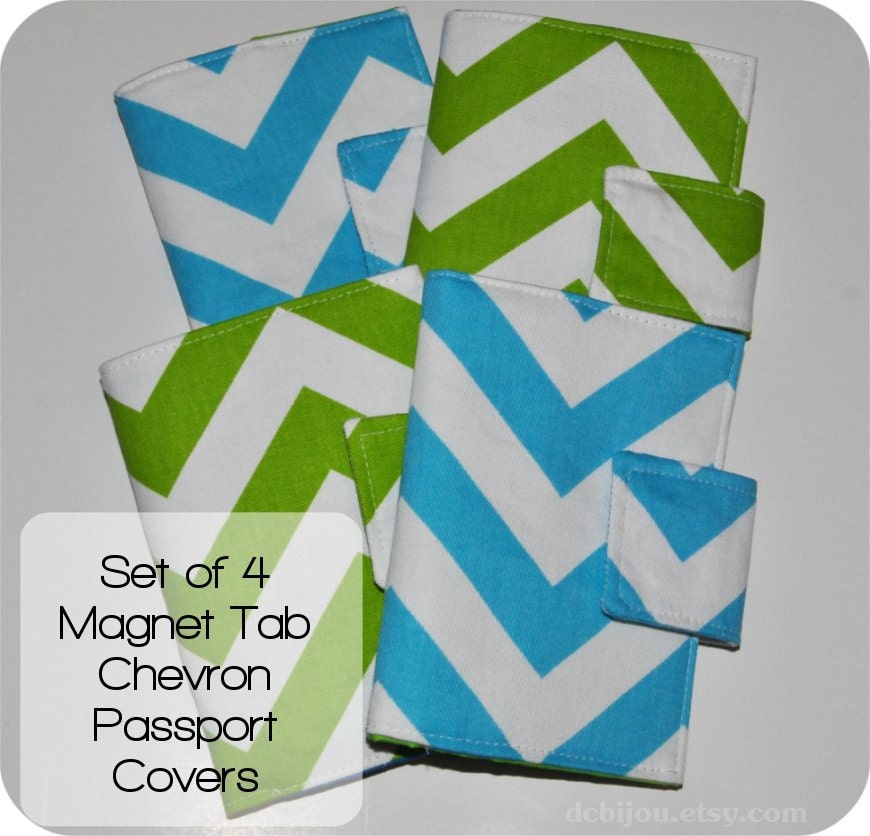 Set of 4 Chevron Print Passport Covers. Magnet Tab Closure. Design Your Own.