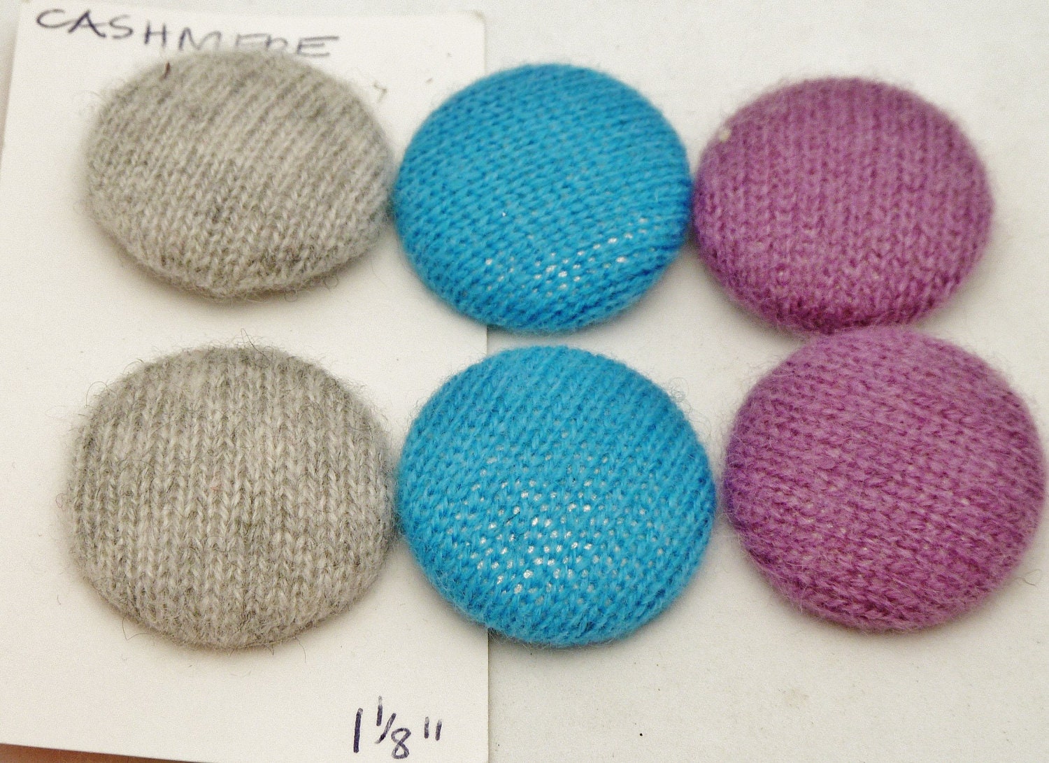 Buttons CASHMERE covered 6 gray turquoise lilac shank 1 3/16" recycled 100% cashmere knit fabric