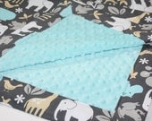 Minky Baby Blanket - Baby Zoology with Tiffany Blue Dot Minky  (30 X 32)