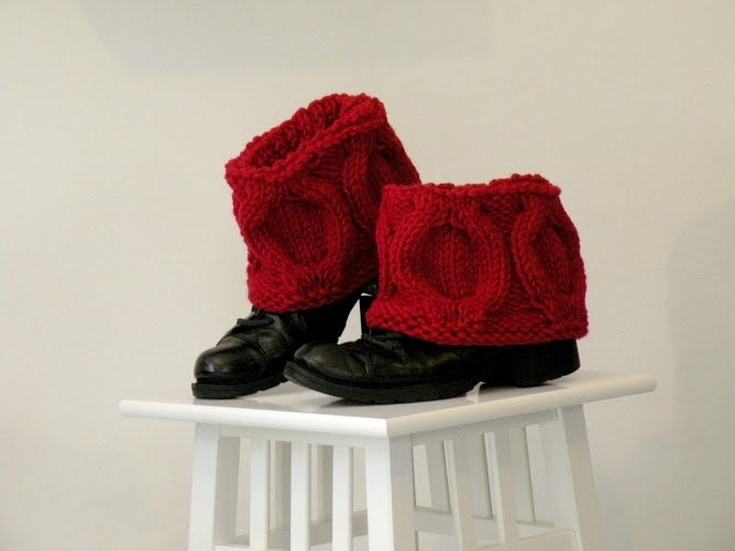 Hand Knit Winter Red Color Boot Covers, Short Woodland Boot Toppers