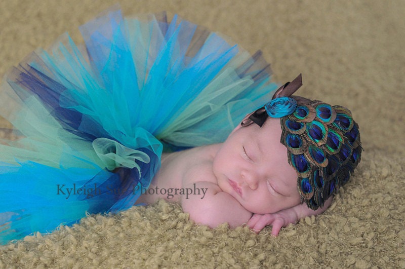 baby tutu peacock with matching feather pad headband rhinestone or dupioni silk flower