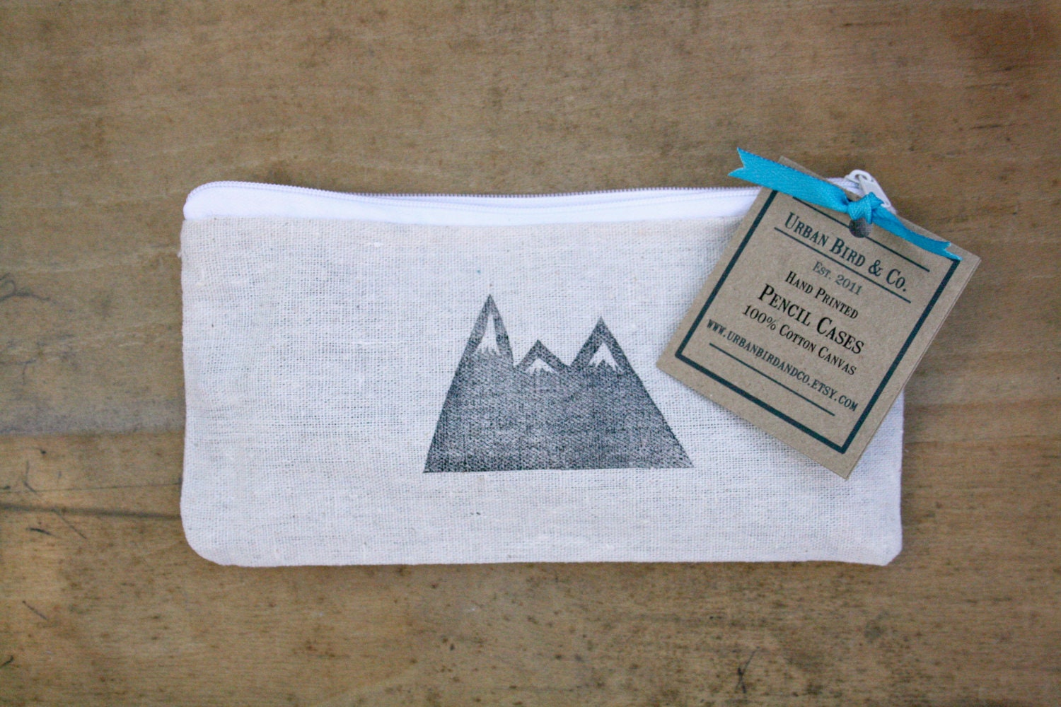 Mountain Pencil Case Back to School Zippered Canvas Pouch Block Print in Black ink