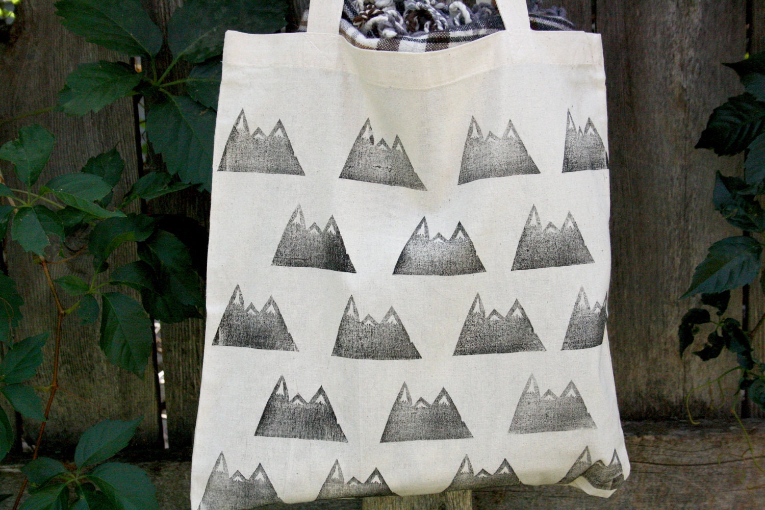 SALE Mountain Tote Bag Block Print in Black ink on natural canvas