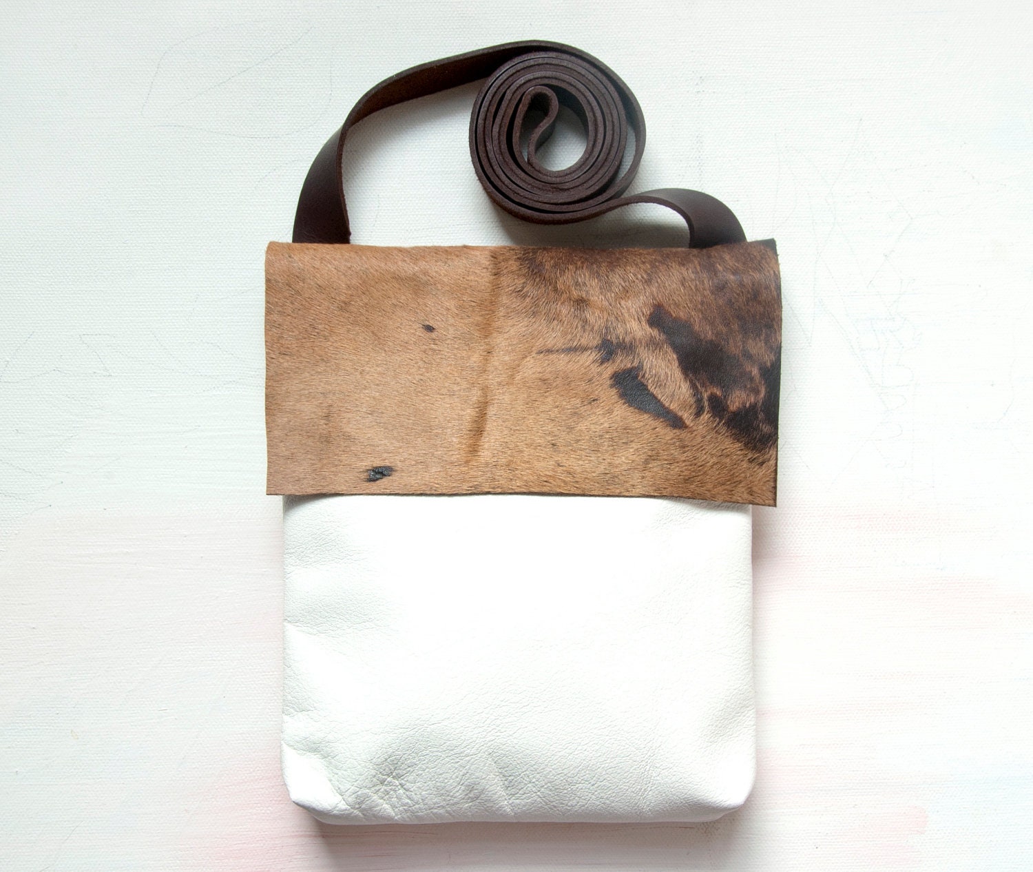 H A I R ON HIDE and White Leather Cross Body Shoulder Purse. White Brown Leather Bag - GiftShopBrooklyn