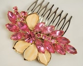 Pink Brooch Comb, Yellow Cream Vintage Brooch Hair Comb, Vintage Bridal Accessories, Haircomb, Gold, Pink, Hair Clip - ONE OF a KIND