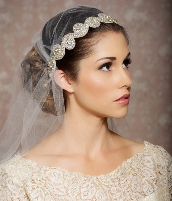Juliet Cap Veil Vintage Inspired Tulle Veil, Juliet Veil, Rhinestones, Crystals, Art Deco - Made to Order - TARA