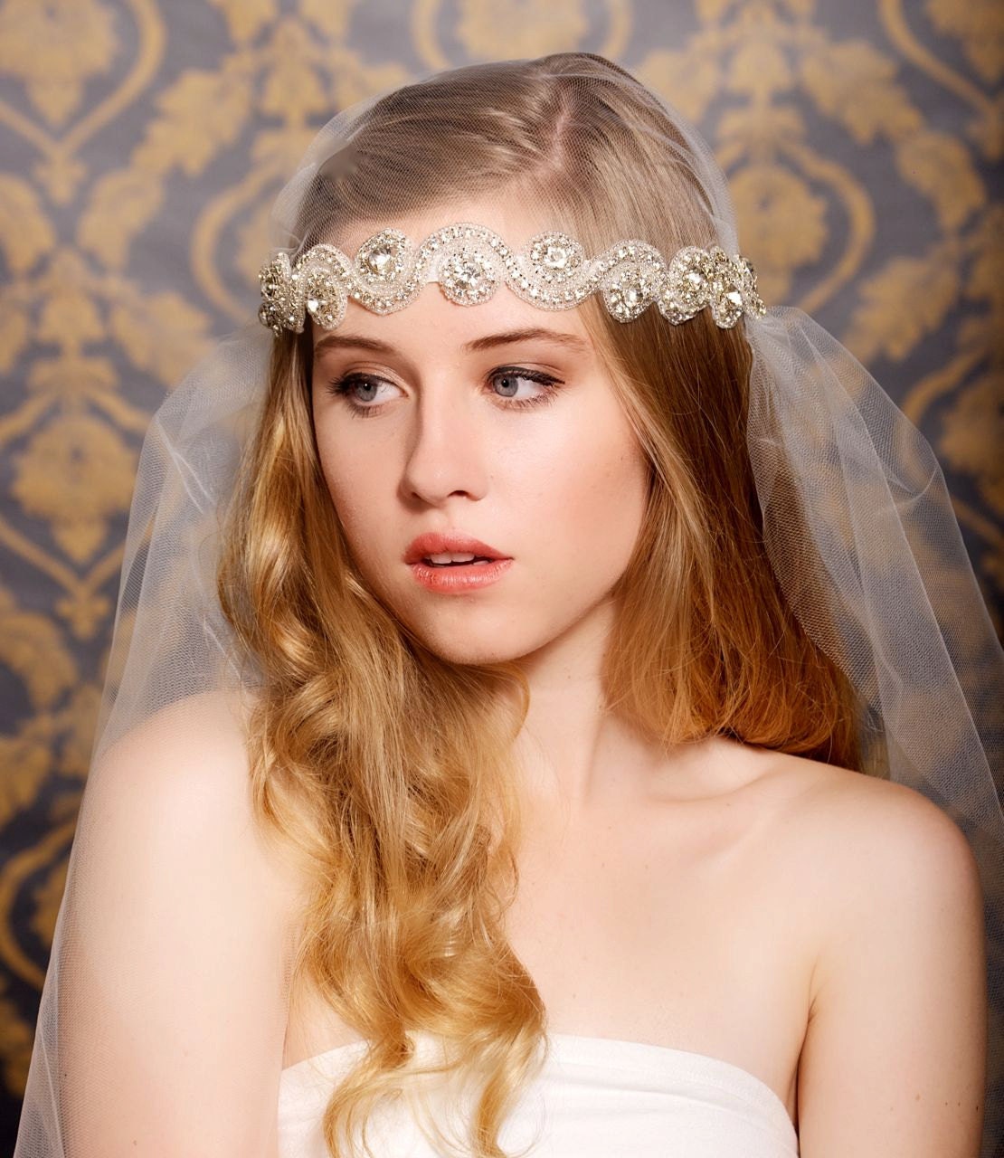Juliet Cap Veil Vintage Inspired Tulle Veil, Juliet Veil, Rhinestones, Crystals, Art Deco - Made to Order - TARA