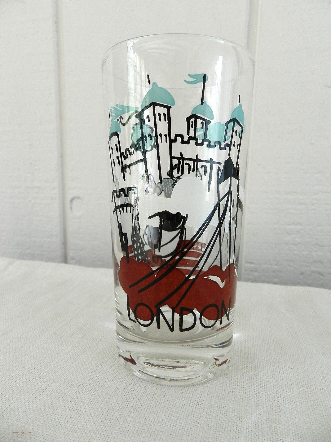 Vintage London Drinking Glass Tumbler Aqua Brown London Bridge Castle Swing Dancers