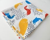 Fun Retro Whales and Dolphins in Bright Red Yellow and Blue on White Cotton Blend Fabric 2 yards