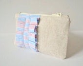 Coin purse wallet: Natural Linen stripe in red,blue and white with ruffle.