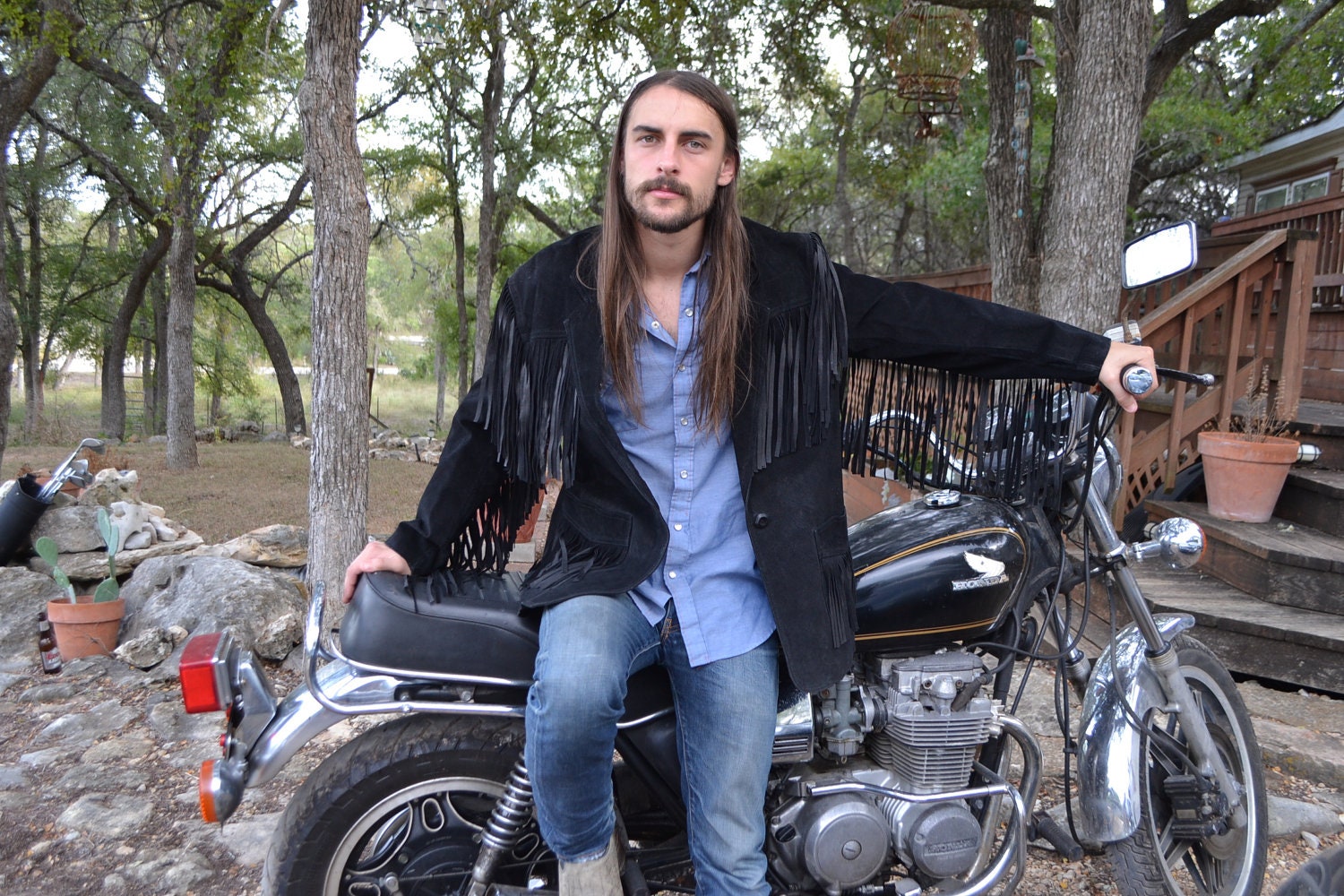 Vintage Mens Black Suede Fringe Jacket - M