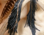 sea blue leather earrings, extra long leather earrings, leather feather earrings