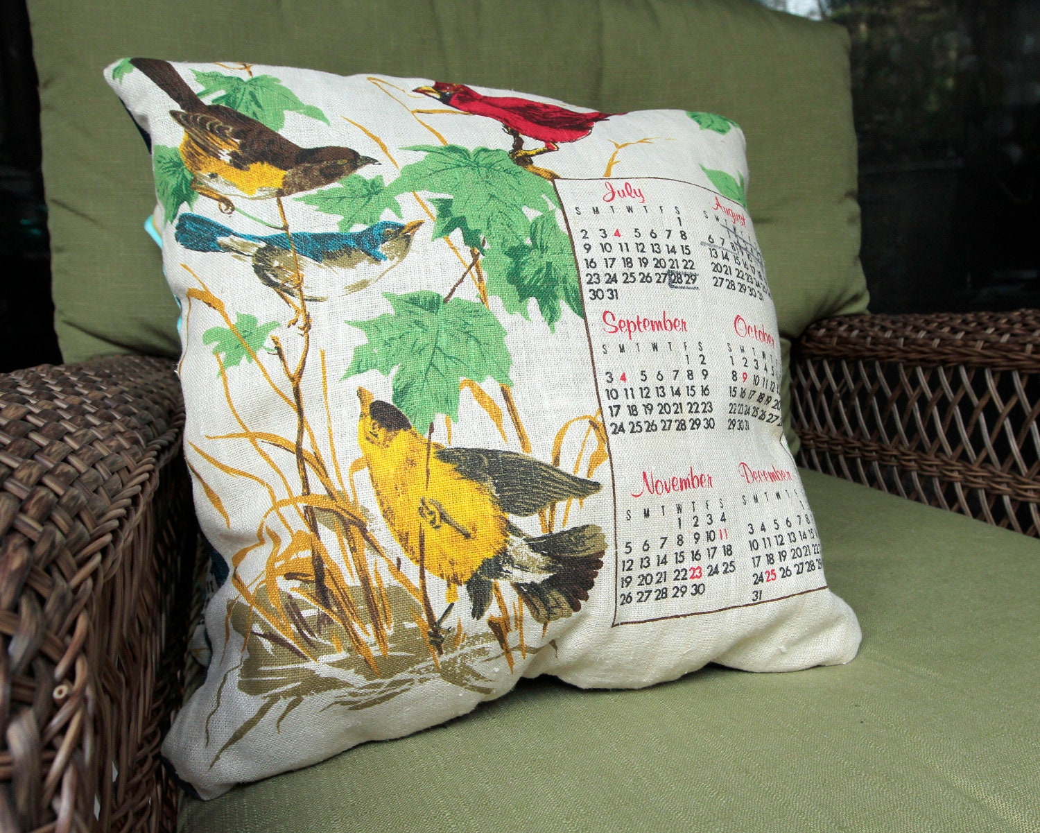 Throw Pillow -Vintage Bird Calendar & ikat design