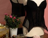 Vintage Black Net Lace Boned Corset - UK Size 36 A/B - Dead Stock