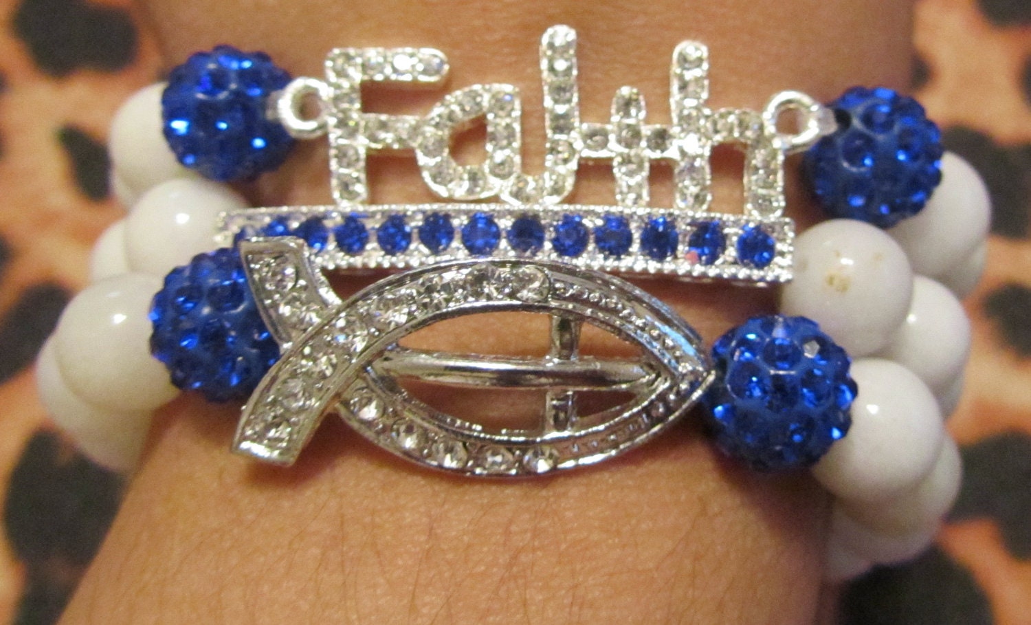 Faith Jesus Fish Ichthys Rhinestones Stretchy Stacked White Jasper Beaded Bracelet Set Cobalt Royal Blue