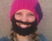 SALE Bearded Beanie Hot Pink Hat W Dark Purple Bow Black Beard Warm Face Mask Winter