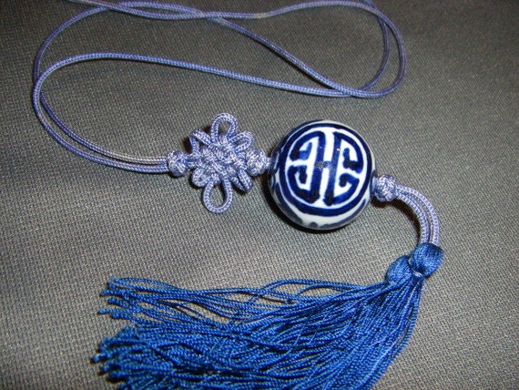Vintage Asian Ceramic Bead Necklace blue and white with tassle