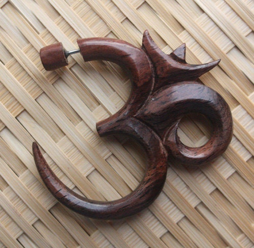 Organic Fake Gauge - SACRED Om Earrings - Natural Dark Brown Sono Wood