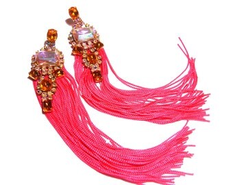Long One of a Kind Neon  Vintage Rhinestone Earrings - FW Preview - BOHEMIAN MERMAID Collection