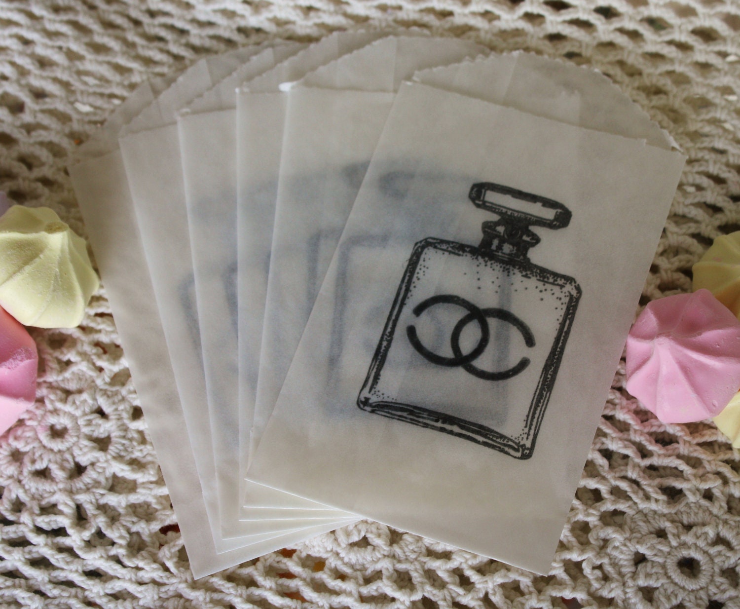 Glassine Favor Bags - Set of 6 - Small- Chanel Inspired- Coco Chanel- Chanel Perfume No.5