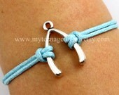 Wishing bone bracelet, antique silver Wishing bone, baby blue wax cords bracelet