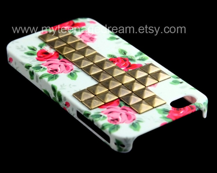 Studded Iphone 4 Case, iPhone 4s Case, iPhone Case 4 bronze Cross pink Flower Rose white IPHONE 4/4S Case----for Apple iPhone 4 Cases,