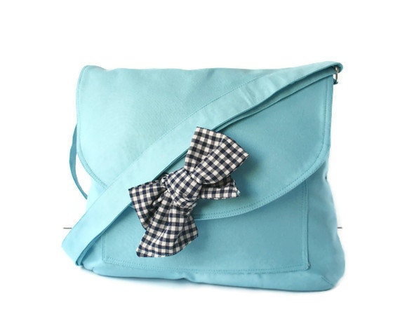 Turquoise Cotton Fabric Messenger Bag Navy Blue and White Gingham Bow Adjustable strap