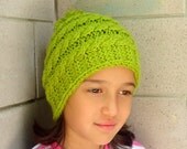 Childrens Hat - Knitting pom pom Hat Beret in pistachio green 7 to 11 years