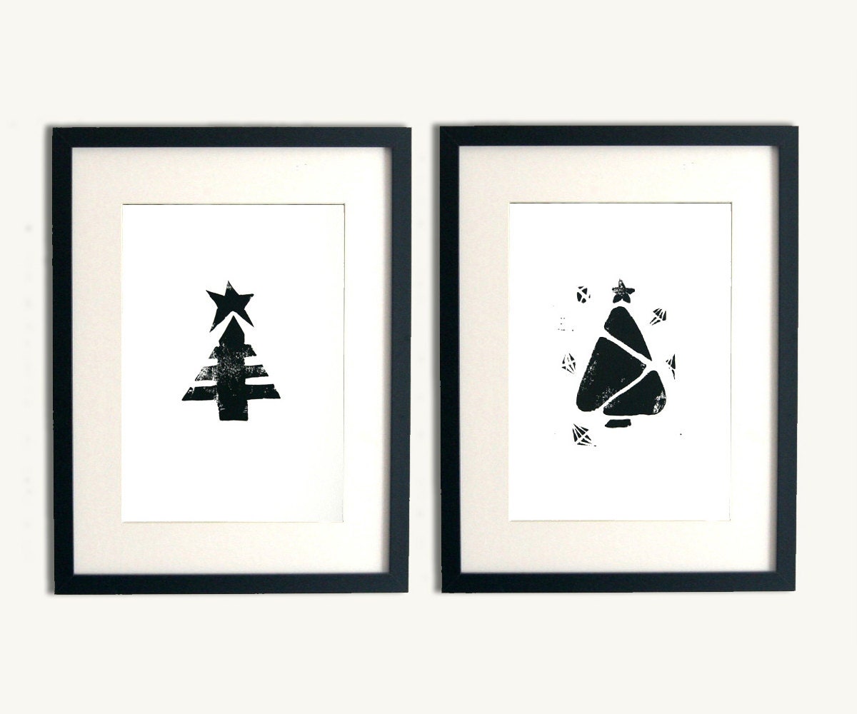 Kids wall art Lino Print Set of 2 Trees with Twinkle little star - typography Archival Art Print black ink - holiday tree for children room