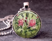 Roses on Clock Face 1 inch Round Altered Art Glass Dome Photo Pendant Necklace no. 031-36