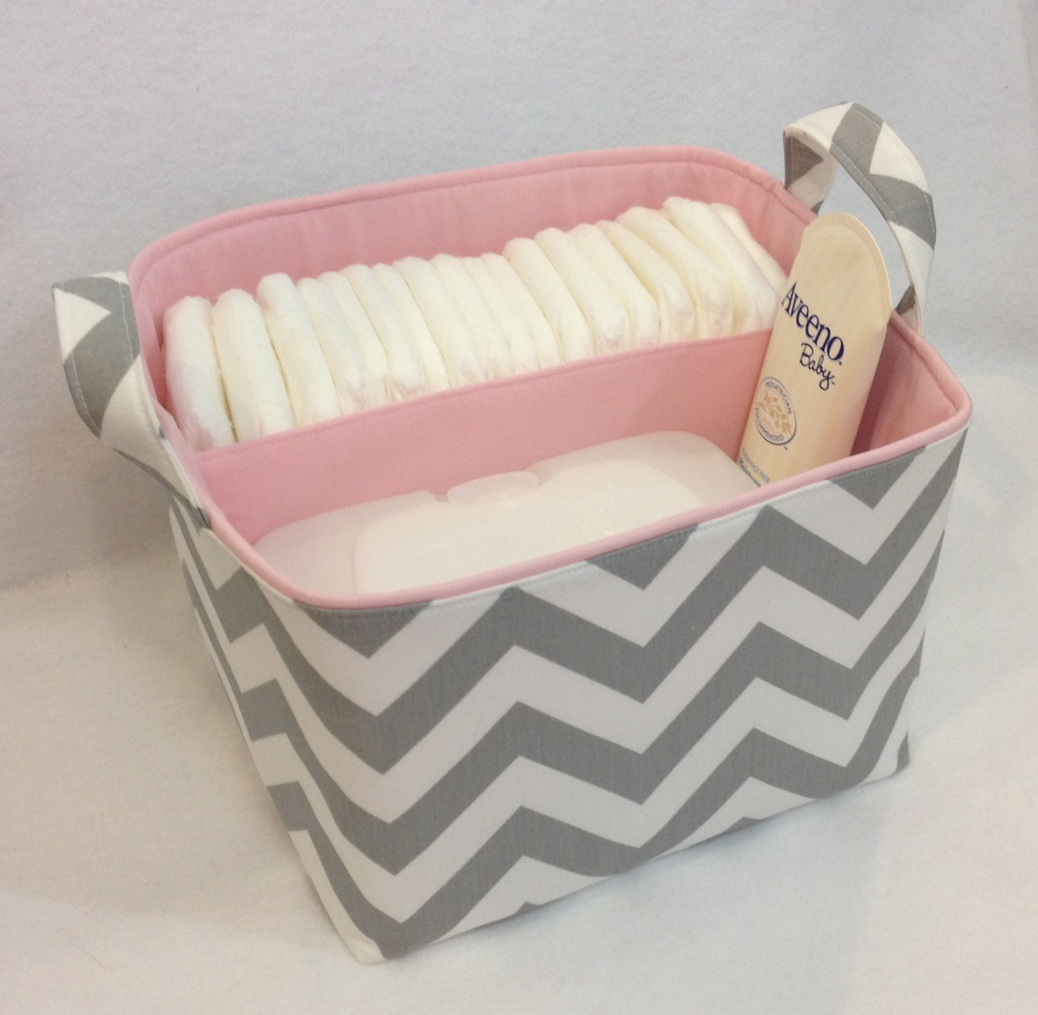 LG Diaper Caddy 10"x10"x7" Fabric Storage Bin Basket Organizer Chevron Zig Zag Grey/White with Light Pink  Lining