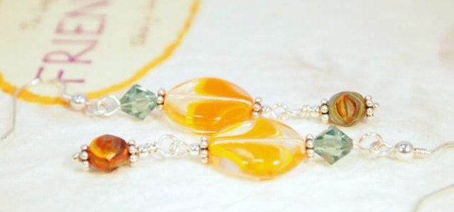 Lampwork Beads, Swarovski Crystals, Sterling Silver, Dangle Pierced Earrings. OOAK Handmade Earrings
