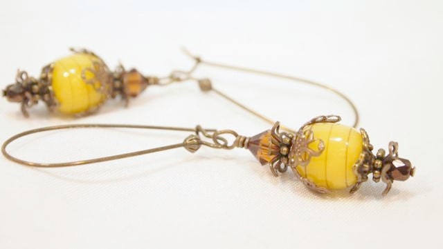 Victorian Style Brass, Lampwork and Crystal Beaded Pierce Earrings. Great Fall look.