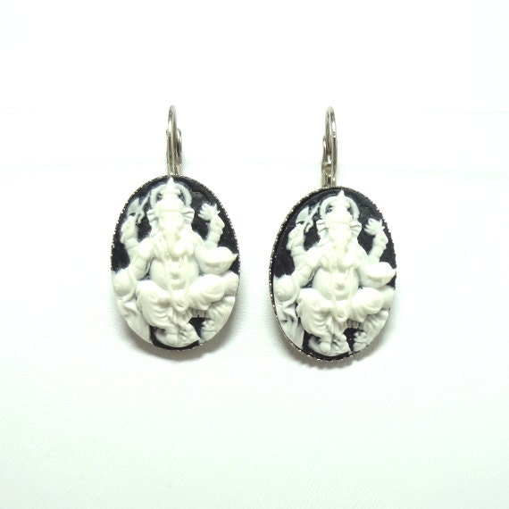 Ganesha Elephant Earrings Cameo Style in Black and White with Lever Back Hooks